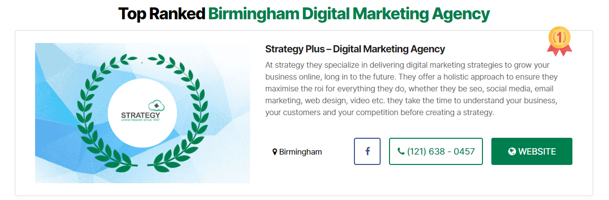 Strategy Plus' #1 listing for digital marketing agencies in Birmingham on Wimgo